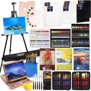 imageESRICH 141PCS Deluxe Artist Painting Set Painting Supplies with 84 PaintOil WatercolorAcrylic Paint Metal and Wooden Easels Canvas Paper Pads Paintbrushes etc for Adults Kids Artists141
