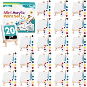 imageESRICH 20 Set Mini Canvas Painting Kit Minis Acrylic Paint Set Valentines Day Gifts44in Stretched Canvas with Easel Acrylic PaintsBrushesPaletteMini Easel Canvas for Kids Adults Painting Party20 set 44