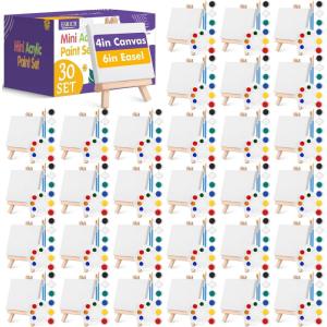 imageESRICH 20 Set Mini Canvas Painting Kit Minis Acrylic Paint Set Valentines Day Gifts44in Stretched Canvas with Easel Acrylic PaintsBrushesPaletteMini Easel Canvas for Kids Adults Painting Party30 set 44