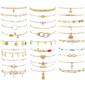 imageESRICH 3040PCS Anklets for Women Ankle Bracelets for Wemen with Gold Silver Rose Gold Three Style Anklets for Women Waterproof for Beach Jewelry Gifts Adjustable Size Beach Anklet Set
