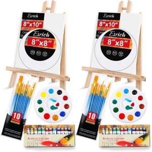 imageESRICH Acrylic Paint Canvas Set52 Piece Professional Painting Supplies Kit with 2 Wood Easel2  12Colors2  10 BrushesCircular Canvas EtcPremium Paint Kit for KidsStudents Artists and Beginner24Color