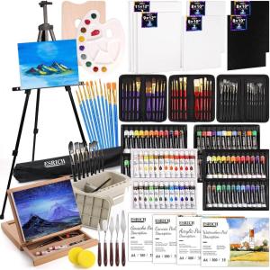 imageESRICH Acrylic Paint Canvas Set52 Piece Professional Painting Supplies Kit with 2 Wood Easel2  12Colors2  10 BrushesCircular Canvas EtcPremium Paint Kit for KidsStudents Artists and Beginner96Color