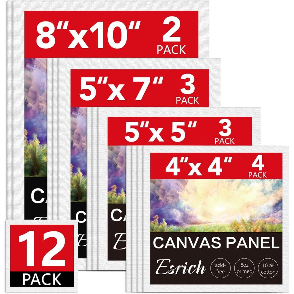 imageESRICH 48 Pack Canvas Boards for Painting 6Pcs of 4x4 4x6 5x6 6x6 8x10 10x10 9x12 11x14 Canvas for Painting Cotton Primed Blank Painting Canvas Panels for Oil Acrylic Watercolor12 pack4x4 5x5 5x7 8x10
