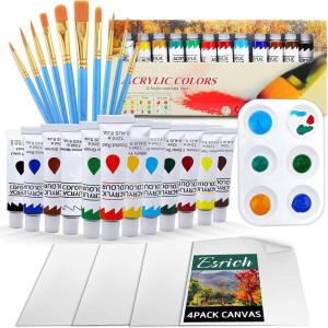imageESRICH Acrylic Paint SetPainting Supplies with 2 PCS of 12 Colors Acrylic Paint1 Easel 3 Canvas 30 Paintbrushes and 3 Palettes Paint Kit for KidsStudents Artists and BeginnerColorful