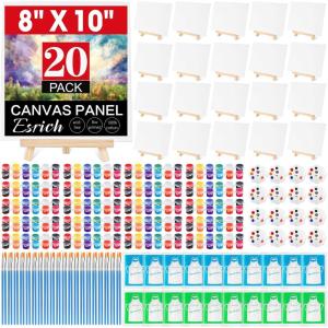 imageESRICH 20 Pack Painting Kits for Adults with Easel 8x10 Canvas Mini Acrylic Paint Paint Brushes Palettes Aprons Sip and Paint Kits for Adults Couples Friends Date Night Painting Party Supplies